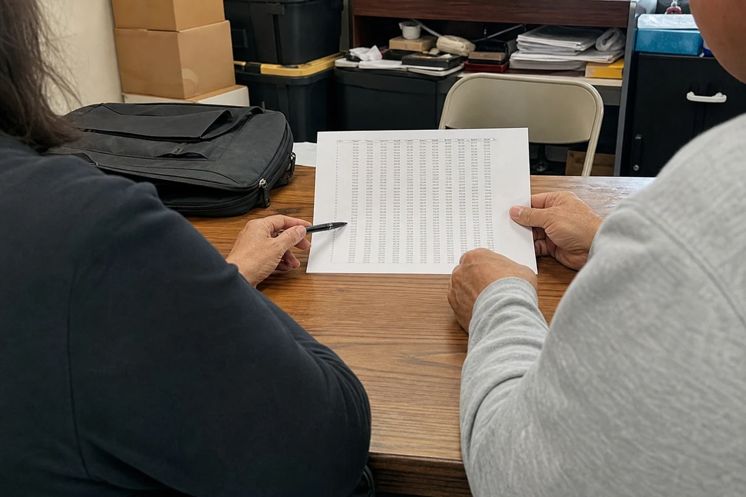 Two people seated at a wooden table in a cluttered back office review a printed table of figures, one pointing at it with a pen, a black laptop bag beside them
