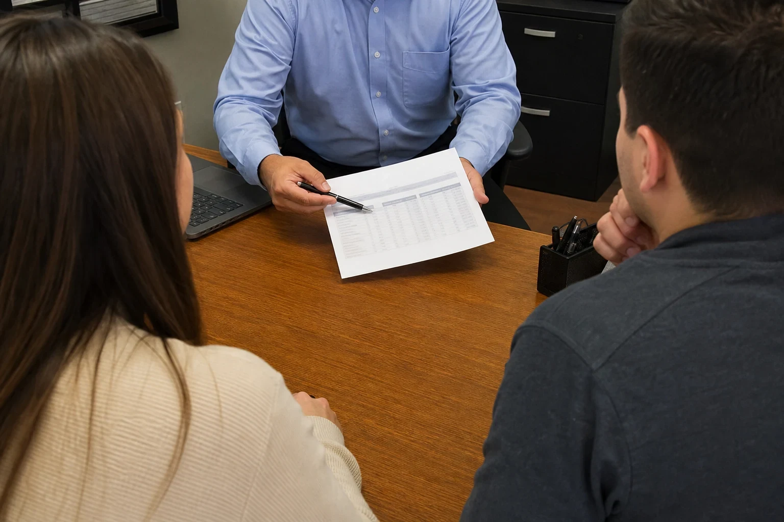 Agent in a light blue shirt holds a printed comparison sheet and points with a pen while a young couple sits across the wooden desk, laptop and filing cabinet nearby